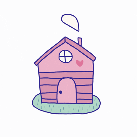 GIF of an illustrated pink house with a heart, one window, a door, and smoke out the chimney. 