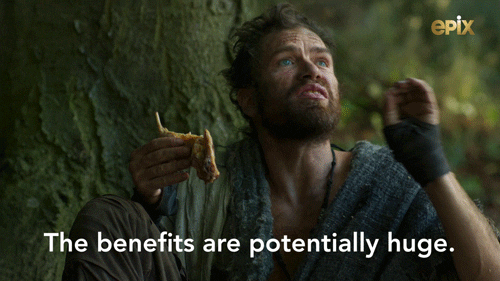 A man eating while saying 'the benefits are potentially huge'