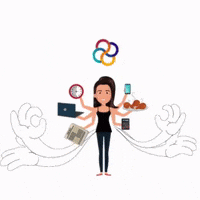Animated figure juggling multiple overlapping tasks at once, overwhelmed