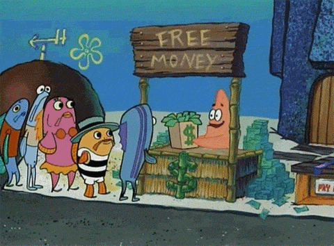 Patrick, from the Spongebob Squarepants cartoon, handing out free money