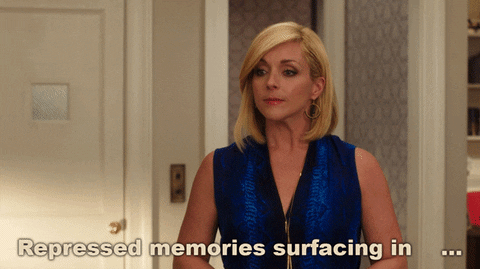 A GIF of a distressed looking woman captioned with 'Repressed memories surfacing in 3 2 1 ...'