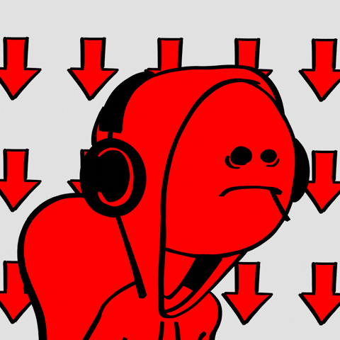 Red devastated character surrounded by downward arrows