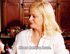 Amy Poehler's Parks and Recreation character Leslie Knope shakes whipped cream and says, "hoes before bros."