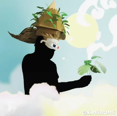 Figure with a cardboard pyramid head and paper leaves, floating above clouds