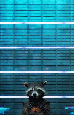 Rocket Raccoon in police custody (lined up against the wall) and making a li'l snarly face