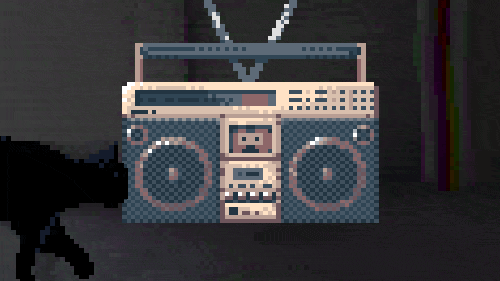 A black cat walks in front of a blue boombox. The image rendered in 8-bit.