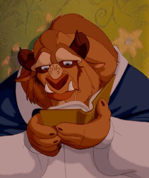 Quinceanera theme image of a GIF showing a cartoon character from Beauty and the Beast reading a book.