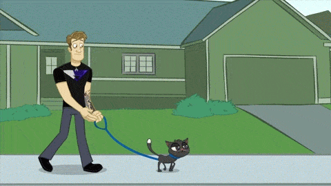 Cartoon cat walking on a leash