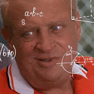 Person with a calculator and equations floating around her head, working out math with focus