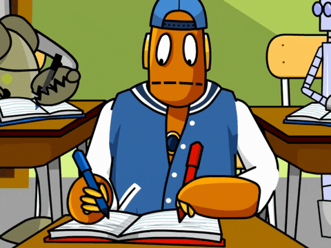 Cartoon robot at a school desk writing notes, like an AI composing a generated answer
