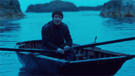 Gendry Baratheon rowing a boat
