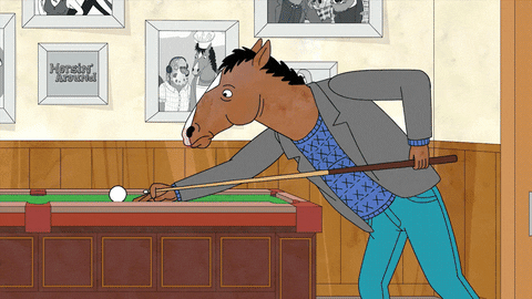 Bojack Horseman holding a cue, playing at a pool table 