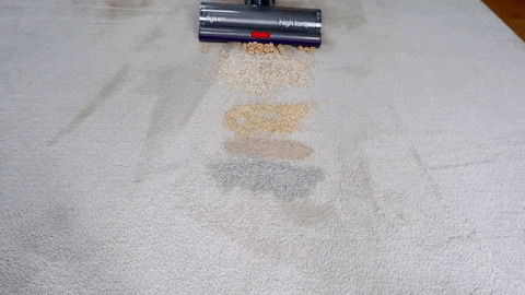 Dyson V11 cleaning various debris on medium pile carpet.