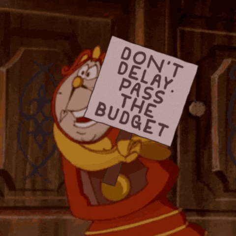 Quinceanera image of a clock beauty and the beast gif, featuring a cartoon character holding a sign that says don't delay pass the budget