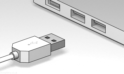animação de um cabo USB conectado a um notebook, um dos métodos parar recuperar dados de um celular que teve a tela quebrada