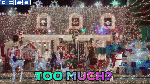 house covered with holiday lights and tacky lawn decorations