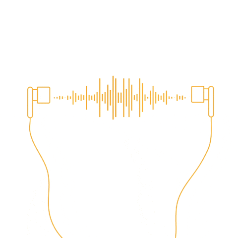 Ein GIF. Zu sehen sind stilisierte In-Ear-Kopfhörer, zwischen denen Geräusche in Form von wachsenden und schrumpfenden vertikalen Balken dargestellt werden. Es soll darstellen, dass Töne aus den Kopfhörern dringen und damit die in diesem Artikel beschriebenen Hörbücher abbilden. Das GIF ist komplett weiß, die Kopfhörer, Kabel und der Sound sind grob stilisiert in Orange.