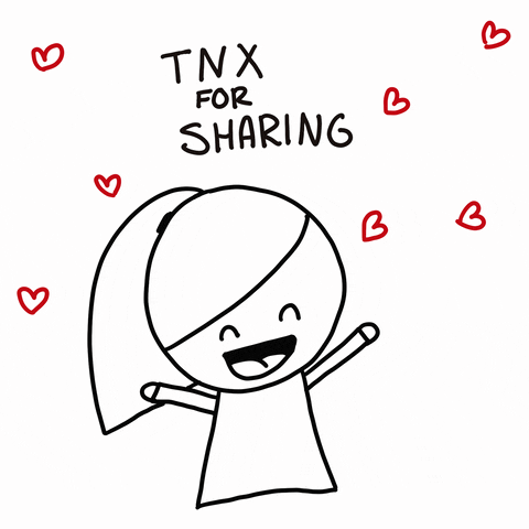 A cartoon of a GIRL with hearts around her head, saying "TNX for sharing".