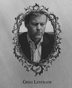 'GREG LESTRADE' with his picture in a fancy portrait-style book-print