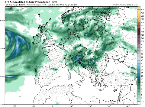 Precipitación prevista en 24 horas entre miércoles y sábado por el modelo GFS / Tropical Tidbits