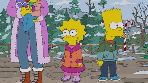 Simpsons characters waiting in a long winter line under a sign reading 8 hours from this point