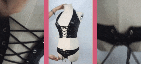Gif of the leather halter lingerie being showcased on a mannequin