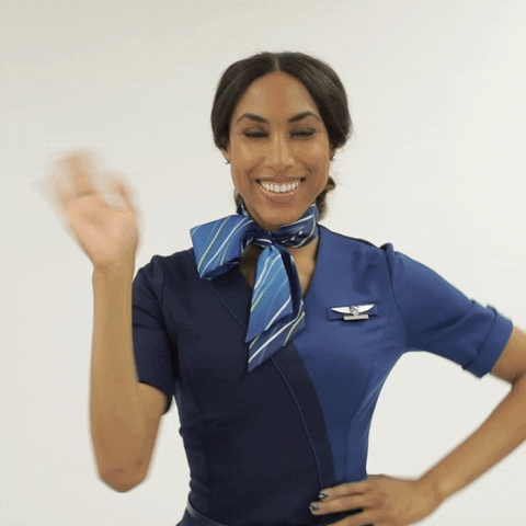 Alaska Airlines gif flight attendant waving excited local location-based brand names example