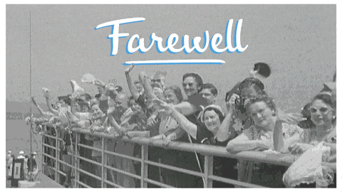 A black-and-white GIF of a crowd on an old-fashioned cruise ship waving goodbye, captioned "Farewell"