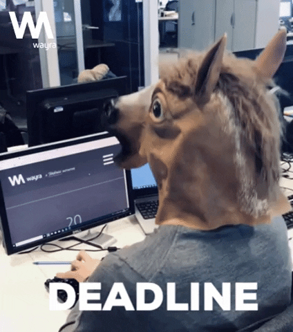 Man wearing horse head with caption that reads Deadline is coming.

Work Working GIF By Wayra
