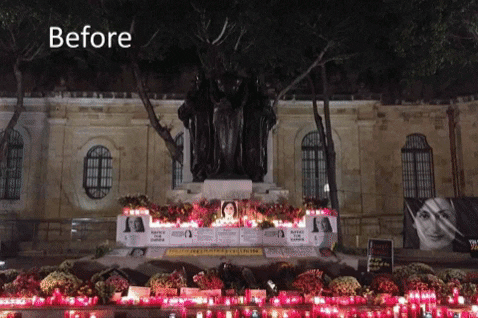 The makeshift memorial to Daphne Caruana Galizia, on Wednesday and on Friday