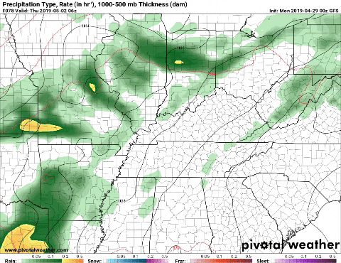 GFS is showing rainfall chances starting early Thursday morning (pivotal weather)