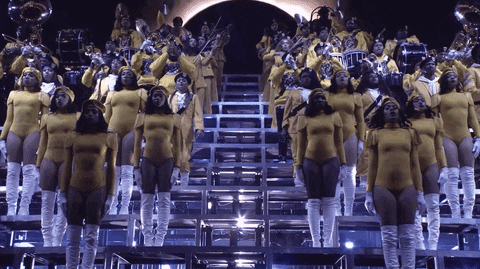 dancers and musicians are animating the bleachers of a football stadium