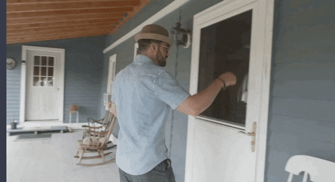 knock knock jokes, man walks to a door and knocks on it