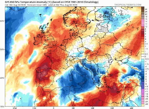 *Temperatura y geopotencial a 850 hPa previsto por el modelo GFS / Tropical Tidbits