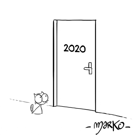 Animated gif: a black and white drawing of a cat meowing at a door labelled "2020", the door opens