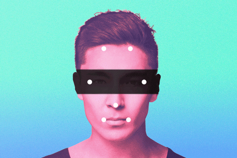 Animation of man's face with dots connecting and a bar over his eyes