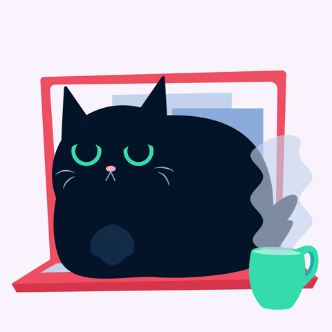 A cartoon black cat sitting on a laptop keyboard blinking slowly.