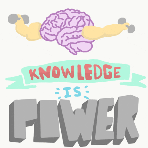 Gif of a human brain with arms holding weights and flexing muscles, with the phrase "knowledge is power"