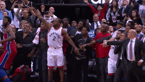 The Raptors players are celebrating because they have won the game. 