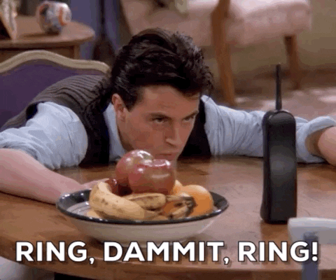 GIF from the TV show 'Friends' of Chandler saying 'Ring, damnit, ring!'