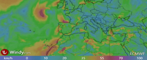 *Rachas de viento previstas para el jueves por el modelo GFS / Windy.com / Giphy