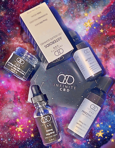 Infinite CBD review, products against a galaxy backdrop featuring animated stars.