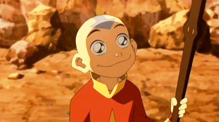 Aang, personagem do desenho Avatar, sorrindo com os olhos brilhantes 