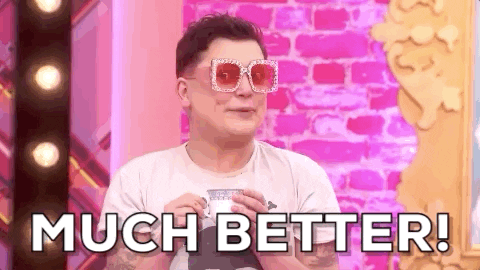 GIF of man in pink diamond sunglasses drinking a cup of tea saying "Much Better!"