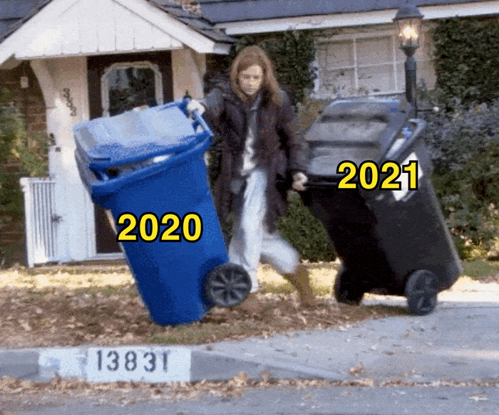 2021 garbage can knocking over full 2020 garbage can