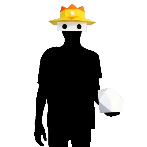Black silhouette in a white face mask and a yellow paper crown-hat, carrying a white object
