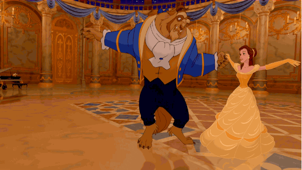A Quinceanera beauty and the beast animated gif featuring Belle, a man and a woman dancing in a ballroom.