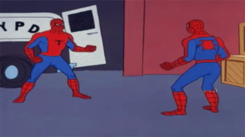 Gif of 'Spidermen' pointing at each other. 