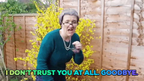 Janine Coombes dressed as an old lady saying 'I don't trust you at all. Goodbye.'