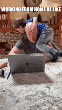 A GIF of a man trying to work from home, whose children are climbing all over him. Caption reads: 